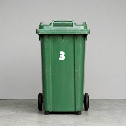 Wheelie Bin Number '3' Sticker – NOUGAT Style – Pack of 4 – White vinyl house number on green wheelie bin