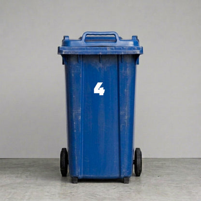 Wheelie Bin Number '4' Sticker – NOUGAT Style – Pack of 4 – White vinyl house number on blue wheelie bin