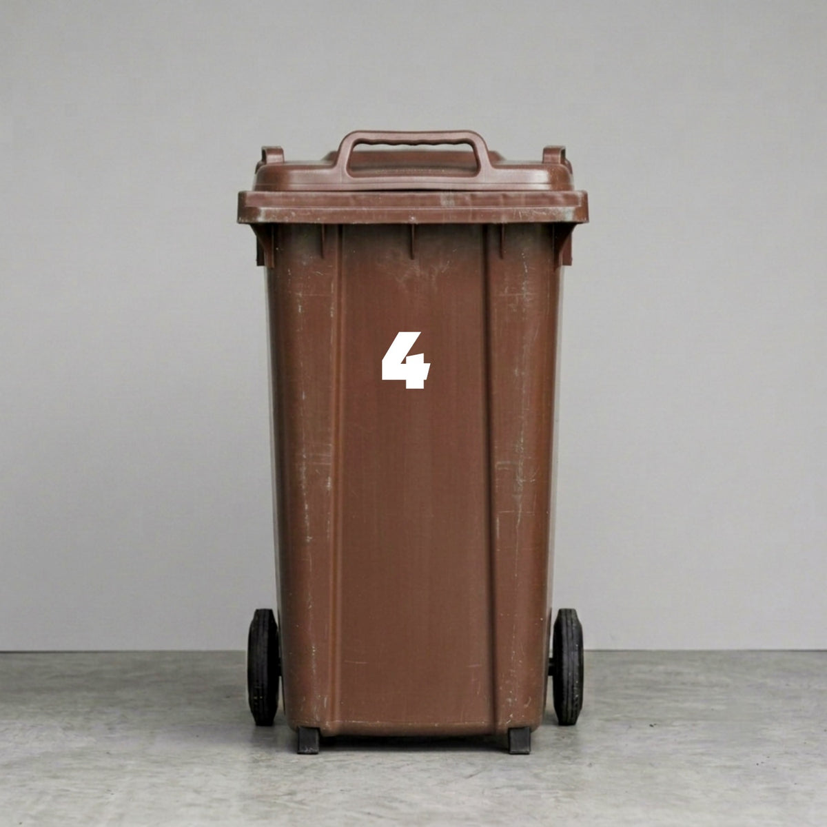 Wheelie Bin Number '4' Sticker – NOUGAT Style – Pack of 4 – White vinyl house number on brown wheelie bin