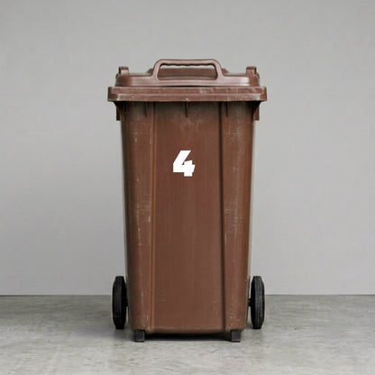 Wheelie Bin Number '4' Sticker – NOUGAT Style – Pack of 4 – White vinyl house number on brown wheelie bin