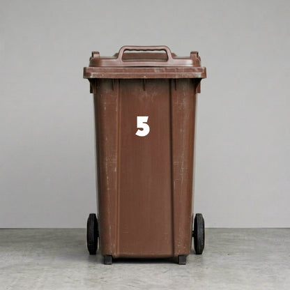 Wheelie Bin Number '5' Sticker – NOUGAT Style – Pack of 4 – White vinyl house number on brown wheelie bin