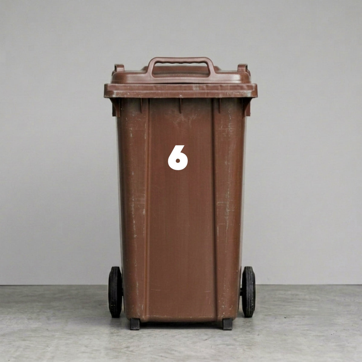 Wheelie Bin Number '6' Sticker – NOUGAT Style – Pack of 4 – White vinyl house number on brown wheelie bin