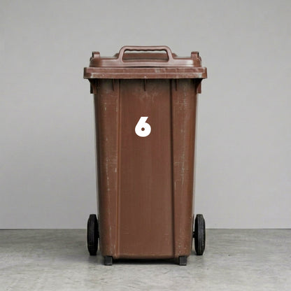 Wheelie Bin Number '6' Sticker – NOUGAT Style – Pack of 4 – White vinyl house number on brown wheelie bin