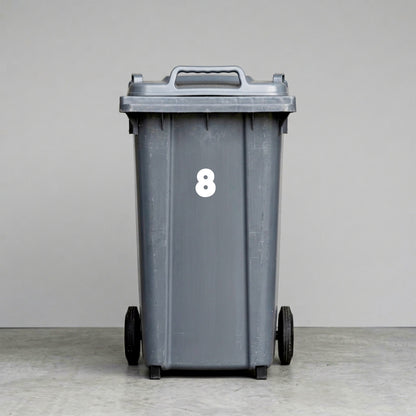 Wheelie Bin Number '8' Sticker – NOUGAT Style – Pack of 4 – White vinyl house number on black wheelie bin