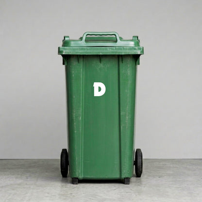 Wheelie Bin Letter 'D' Sticker – NOUGAT Style – Pack of 4 – White vinyl house number on green wheelie bin