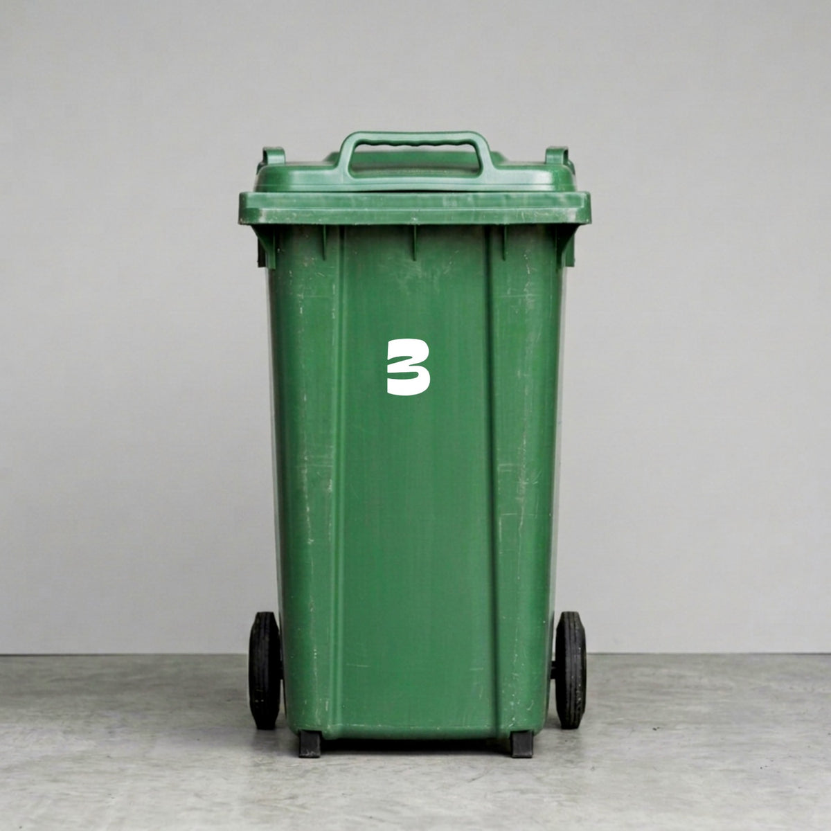 Wheelie Bin Number '3' Sticker – MOON Style – Pack of 4 – White vinyl house number on green wheelie bin