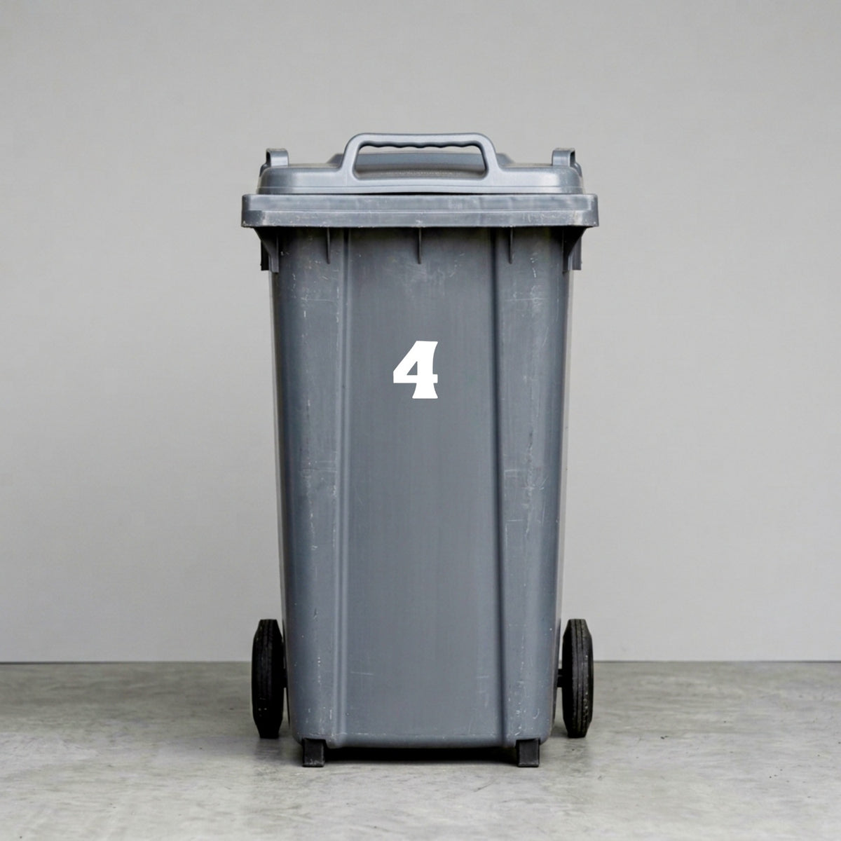 Wheelie Bin Number '4' Sticker – MOON Style – Pack of 4 – White vinyl house number on black wheelie bin
