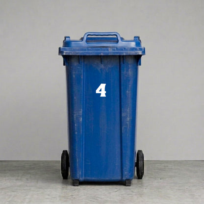 Wheelie Bin Number '4' Sticker – MOON Style – Pack of 4 – White vinyl house number on blue wheelie bin