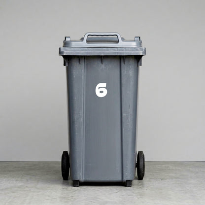 Wheelie Bin Number '6' Sticker – MOON Style – Pack of 4 – White vinyl house number on black wheelie bin