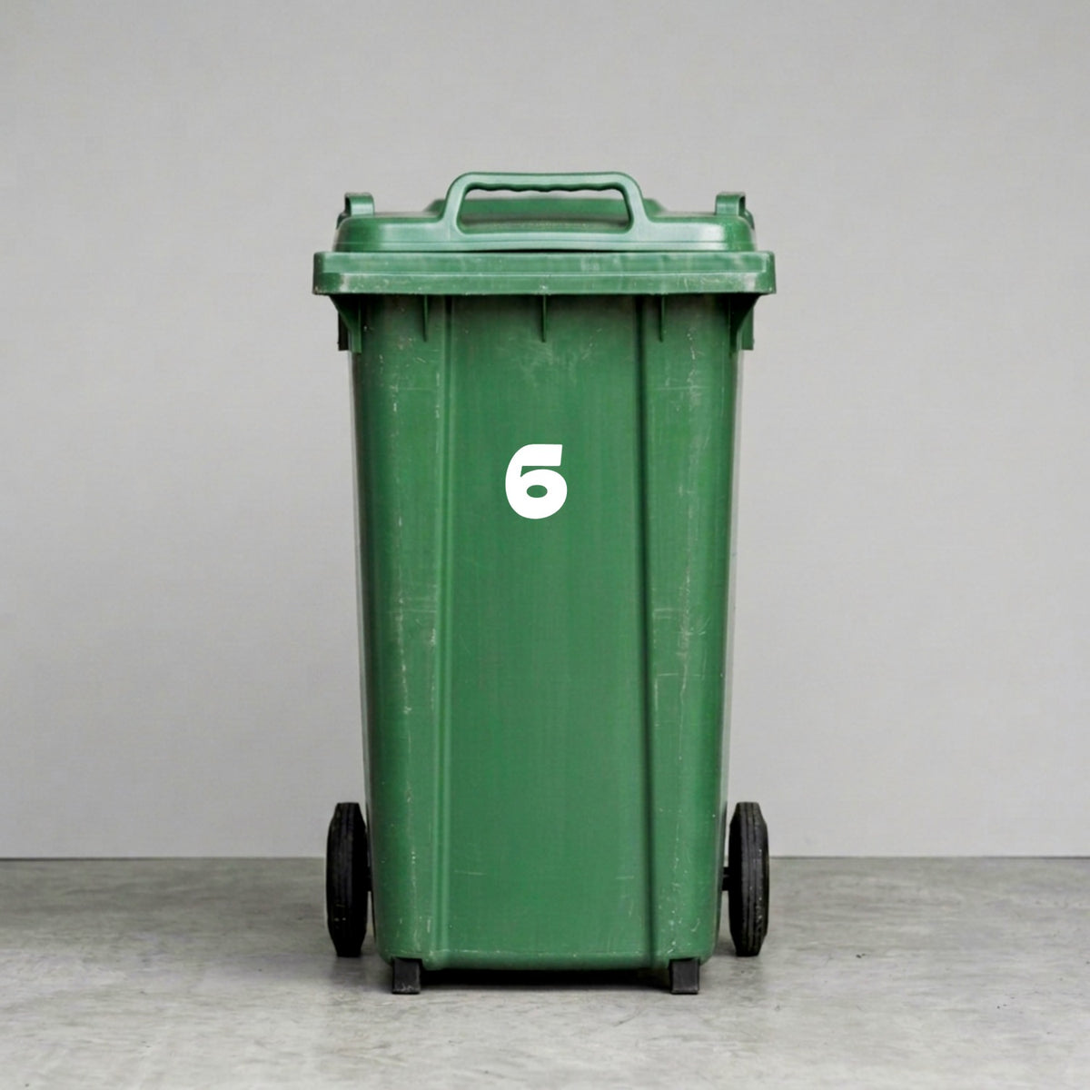 Wheelie Bin Number '6' Sticker – MOON Style – Pack of 4 – White vinyl house number on green wheelie bin