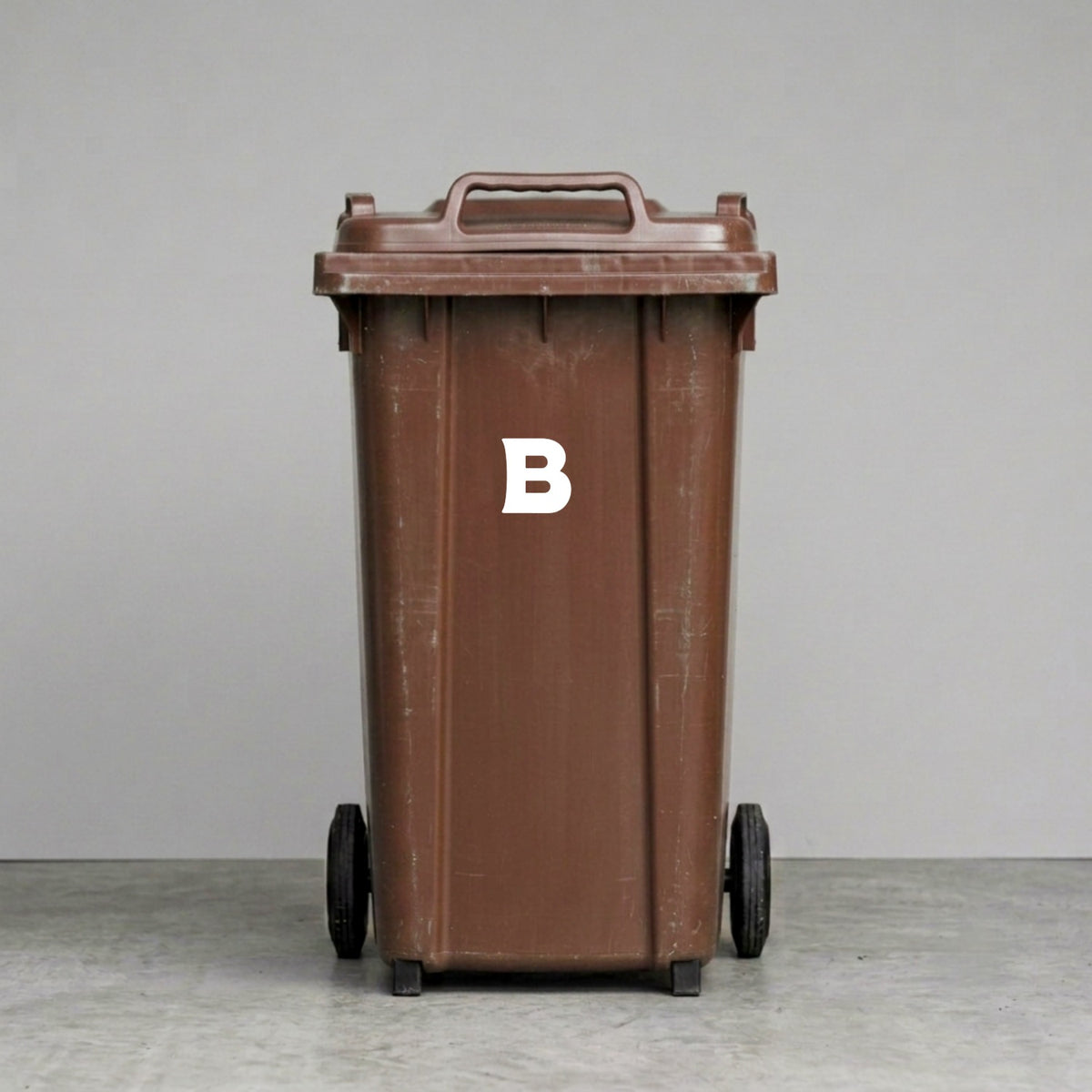 Wheelie Bin Letter 'B' Sticker – MOON Style – Pack of 4 – White vinyl house number on brown wheelie bin