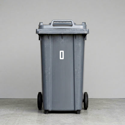 Wheelie Bin Number '0' Sticker – VINTAGE Style – Pack of 4 – White vinyl house number on black wheelie bin