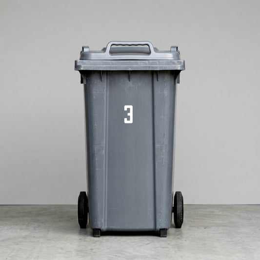 Wheelie Bin Number '3' Sticker – VINTAGE Style – Pack of 4 – White vinyl house number on black wheelie bin