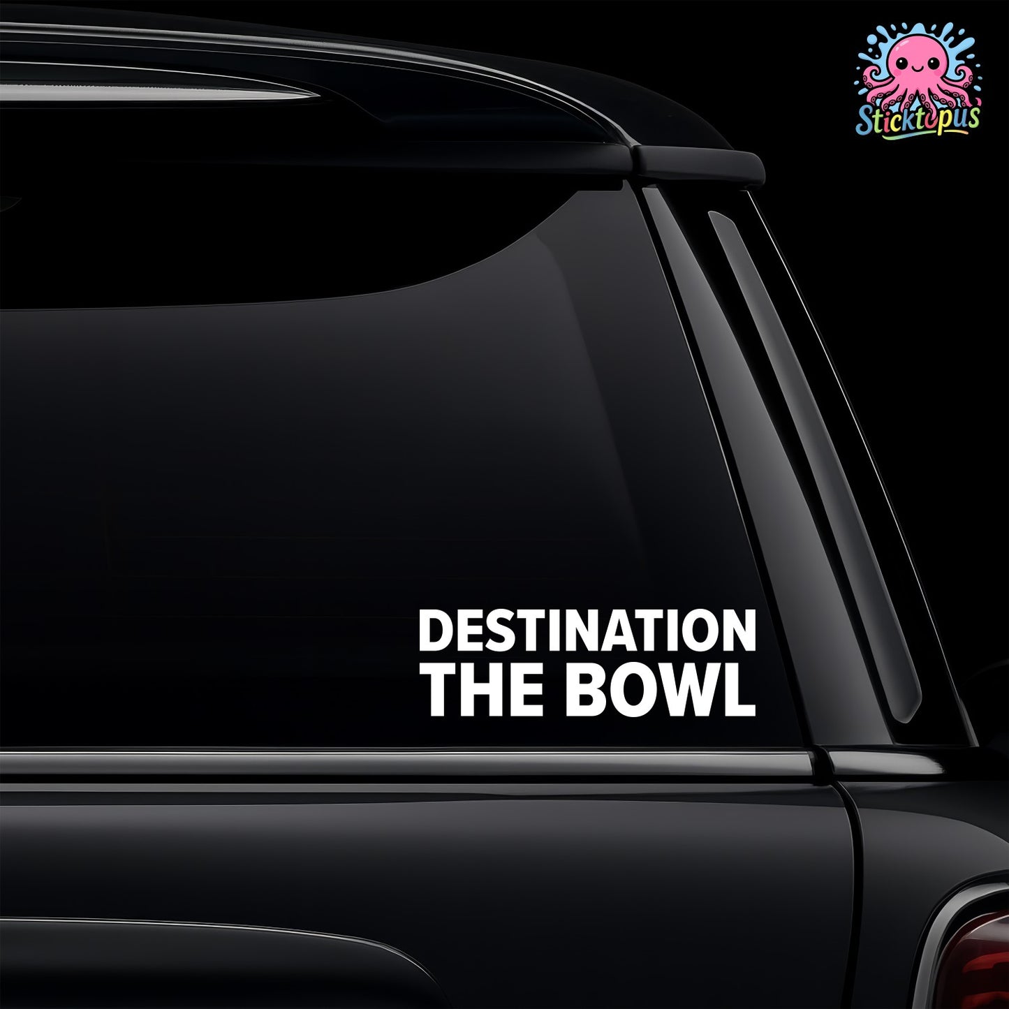 Car window with 'Destination the Bowl' decal.