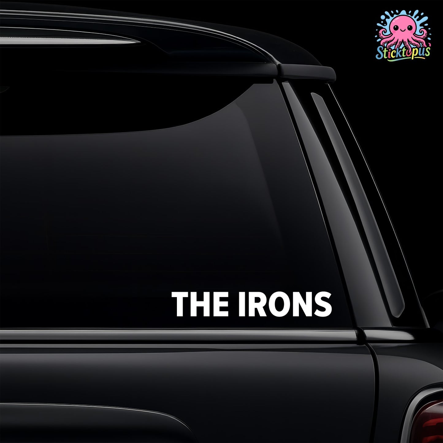 Car window with 'The Irons' decal and Sticktopus logo.