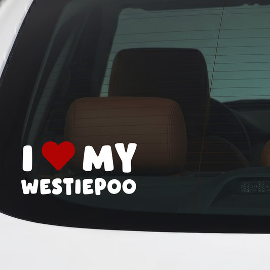 Westiepoo – I LOVE MY DOG Sticker – Car Window Decal – White vinyl car/window decal mockup