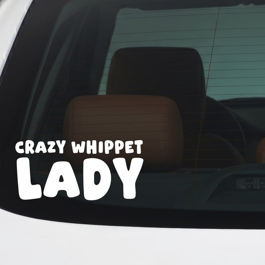Whippet – CRAZY DOG LADY Sticker – Car Window Decal – White vinyl car/window decal mockup