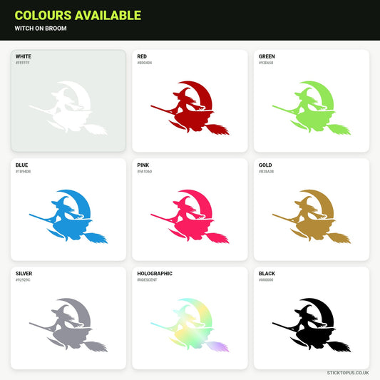 Vinyl colour options for a witch riding a broom before a crescent moon vinyl sticker