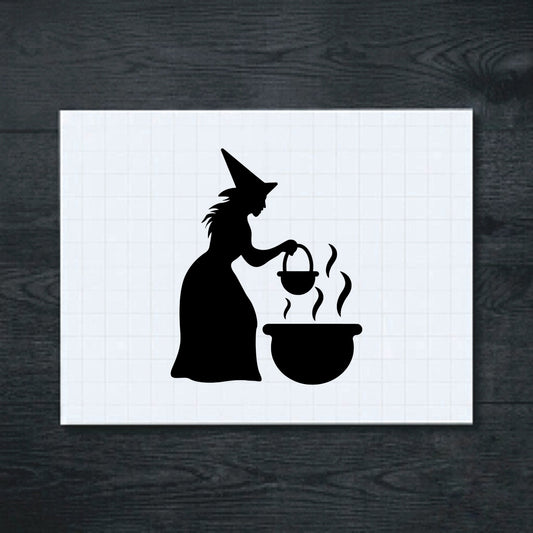 Black witch stirring a steaming cauldron vinyl sticker