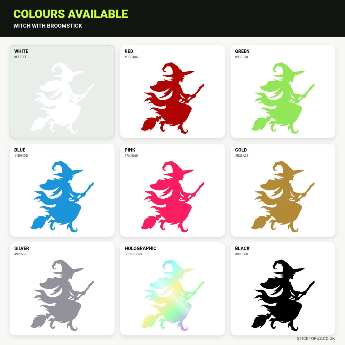 Vinyl colour options for Witch with Broomstick vinyl sticker