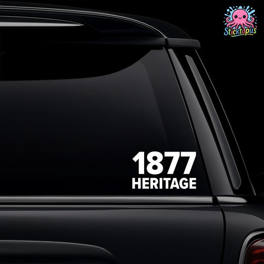 Car window with '1877 Heritage' decal and Sticktopus logo.