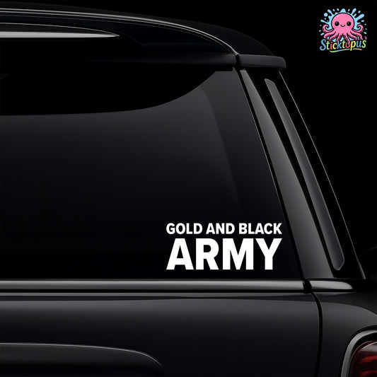 Car window with 'Gold and Black Army' decal and Sticktopus logo.