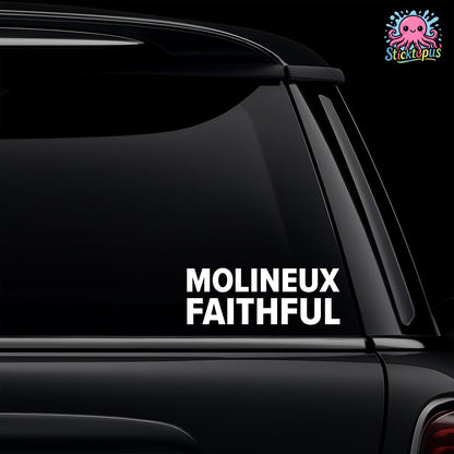 Car window with 'Molineux Faithful' decal and Sticktopus logo.