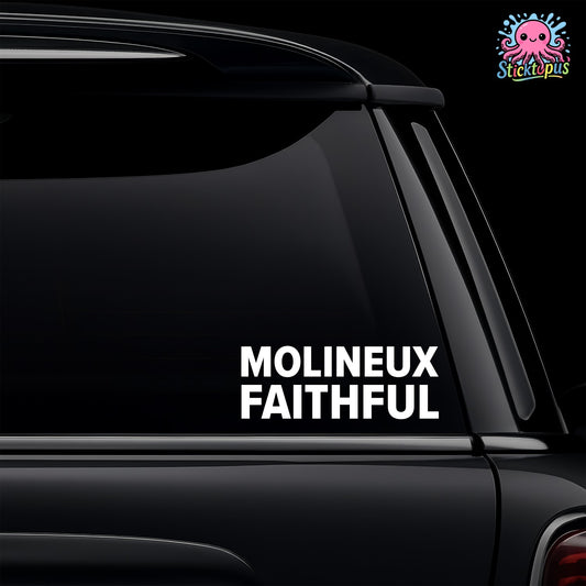 Car window with 'Molineux Faithful' decal and Sticktopus logo.