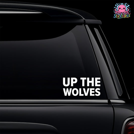 Car window with 'UP THE WOLVES' decal and Sticktopus logo.