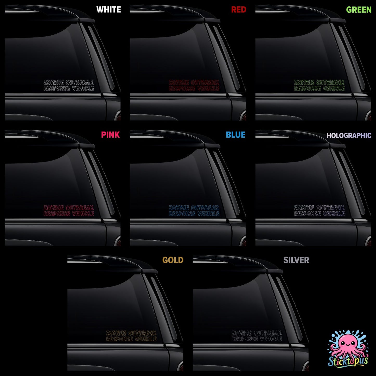 Collection of car window stickers in various colors with a brand logo at the bottom right corner.
