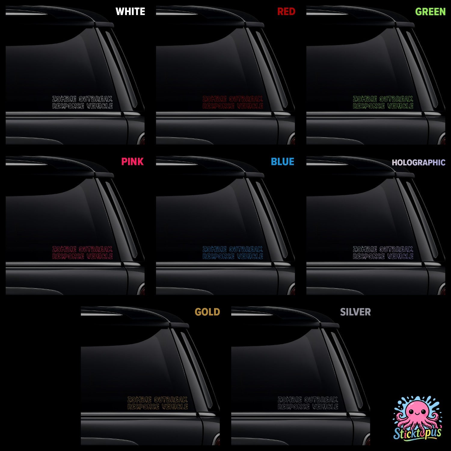 Collection of car window stickers in various colors with a brand logo at the bottom right corner.