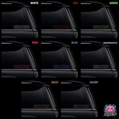 Collection of car window stickers in various colors with a brand logo at the bottom right corner.