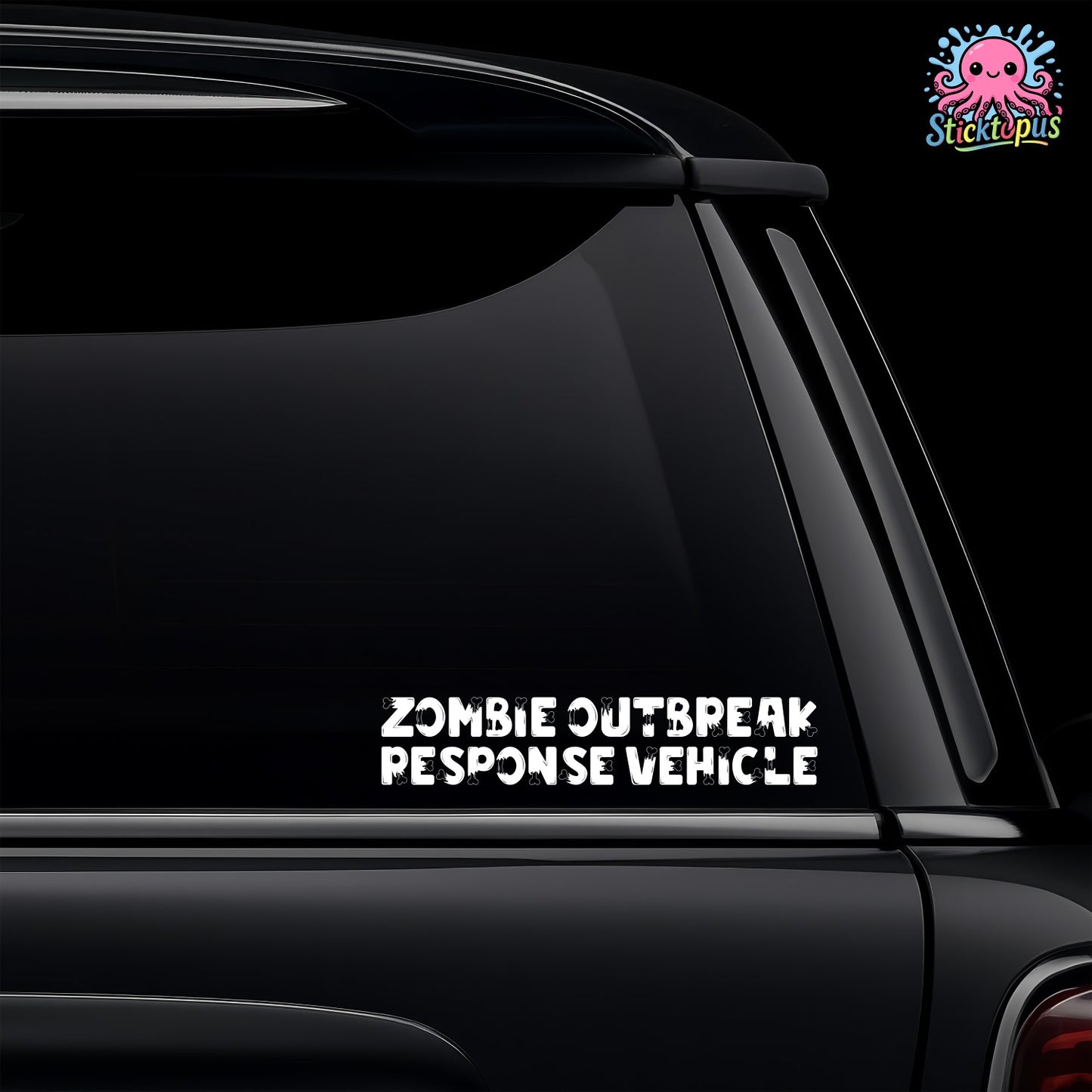 Black car with 'Zombie Outbreak Response Vehicle' decal and Sticktopus logo.