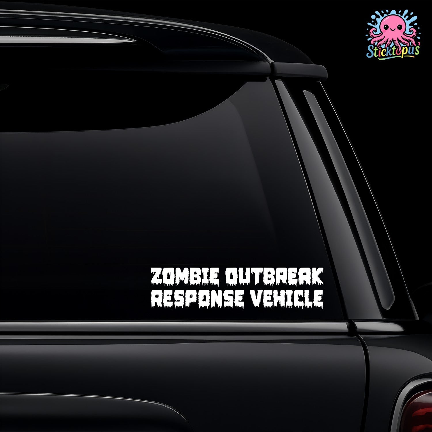 Black car with 'Zombie Outbreak Response Vehicle' decal and Sticktopus logo.
