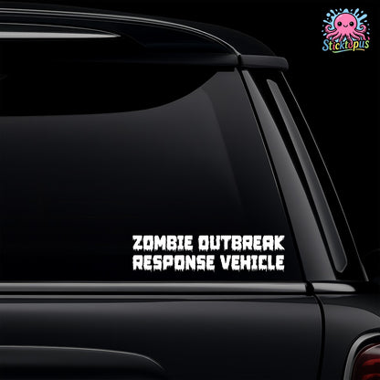Black car with 'Zombie Outbreak Response Vehicle' decal and Sticktopus logo.